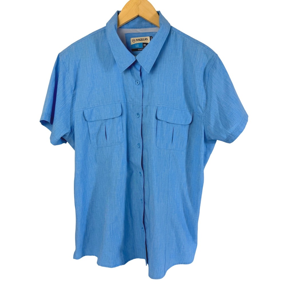 Magellan Outdoors Women's 2XL Blue Fish Gear Vented Fishing Shirt Short Sleeve